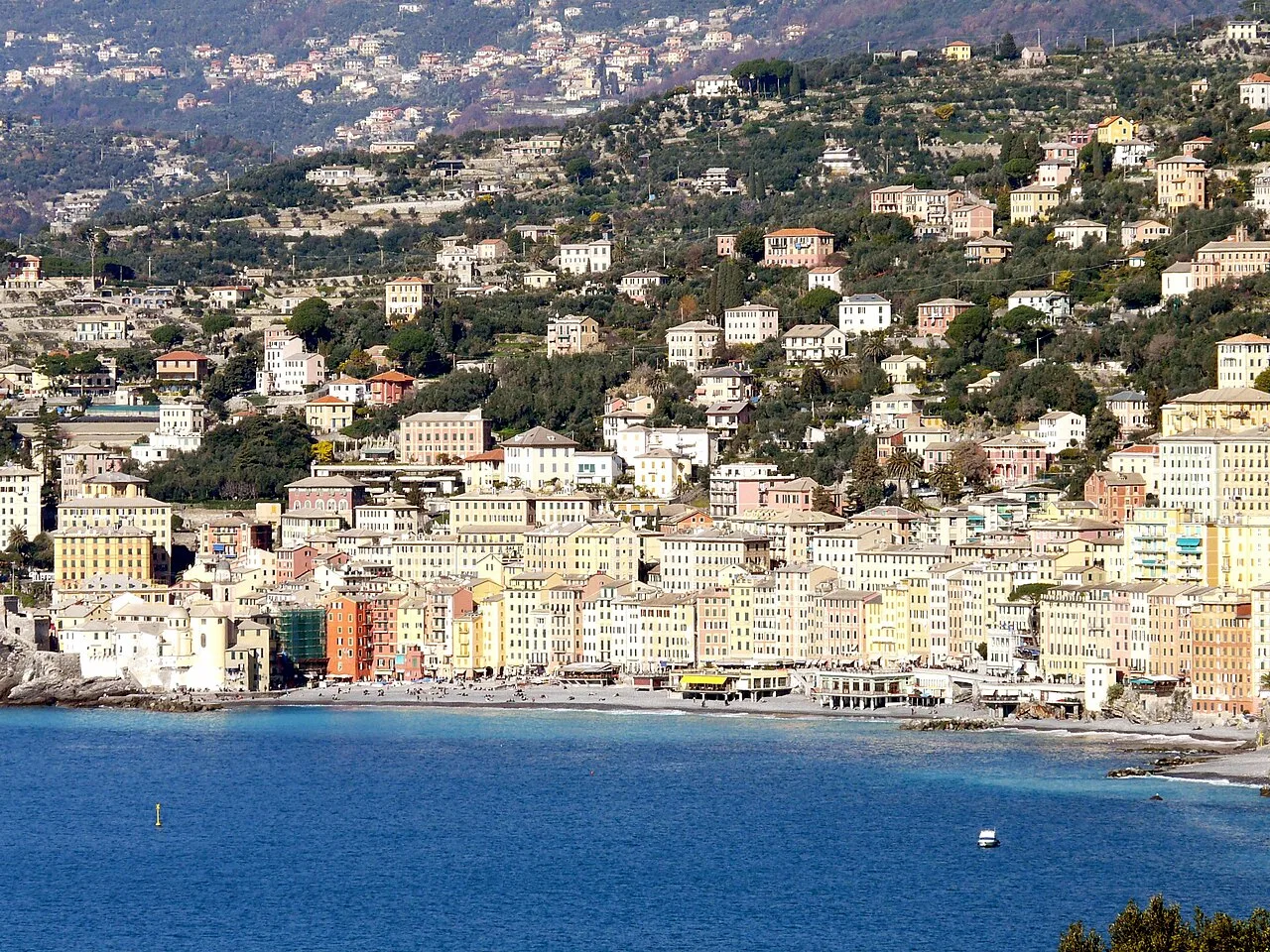 Panorama di Camogli visto dalla frazione di San Rocco, con il borgo e il mare del Golfo Paradiso
